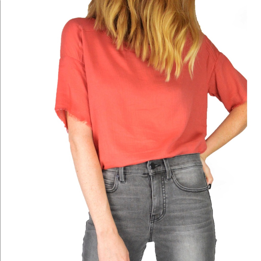 Short Sleeve Top with Frayed Hem - Rust Color